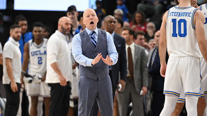 Dec 28, 2024; Inglewood, California, USA; UCLA Bruins head coach Mick Cronin call out from the sidelines during the first half against the Gonzaga Bulldogs at Intuit Dome. Mandatory Credit: Robert Hanashiro-Imagn Images