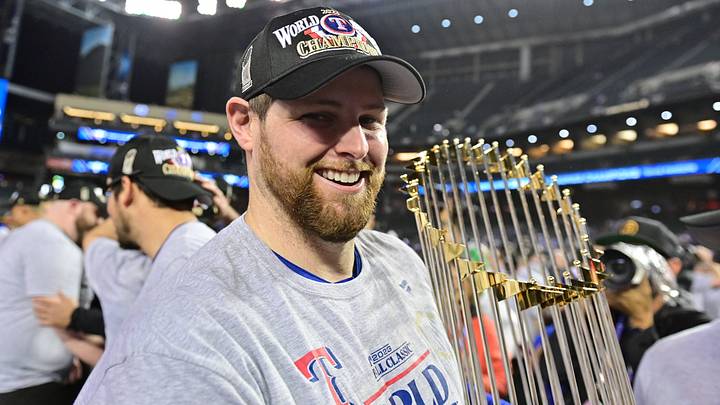 Nov 1, 2023; Phoenix, AZ, USA; Texas Rangers starting pitcher Jordan Montgomery (52) celebrates defeating the Arizona Diamondbacks to win the World Series  in game five of the 2023 World Series at Chase Field. Mandatory Credit: Matt Kartozian-USA TODAY Sports