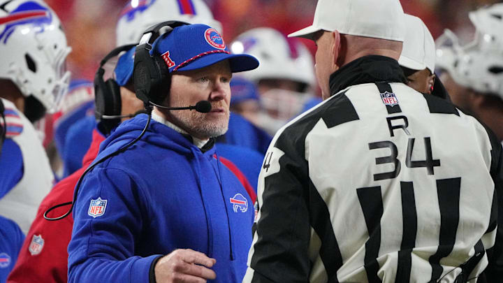 Jan 26, 2025; Kansas City, MO, USA; Buffalo Bills head coach Sean McDermott reacts during the first half in the AFC Championship.