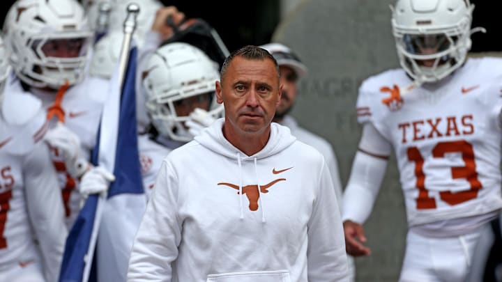 Oct 25, 2025; Starkville, Mississippi, USA; Texas Longhorns head coach Steve Sarkisian walks out of the lockerroom prior to the game against the Mississippi State Bulldogs at Davis Wade Stadium at Scott Field. Mandatory Credit: Petre Thomas-Imagn Images