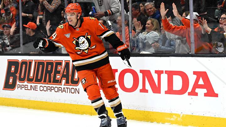 Mar 30, 2026; Anaheim, California, USA; Anaheim Ducks defenseman John Carlson (74) celebrates after scoring a goal during the second period against the Toronto Maple Leafs at Honda Center.