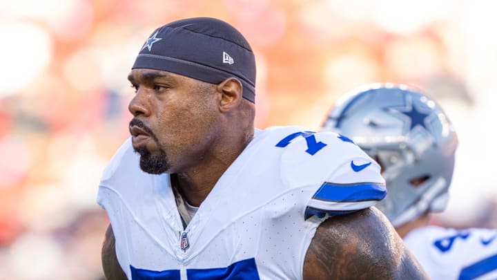 October 8, 2023; Santa Clara, California, USA; Dallas Cowboys offensive tackle Tyron Smith (77)