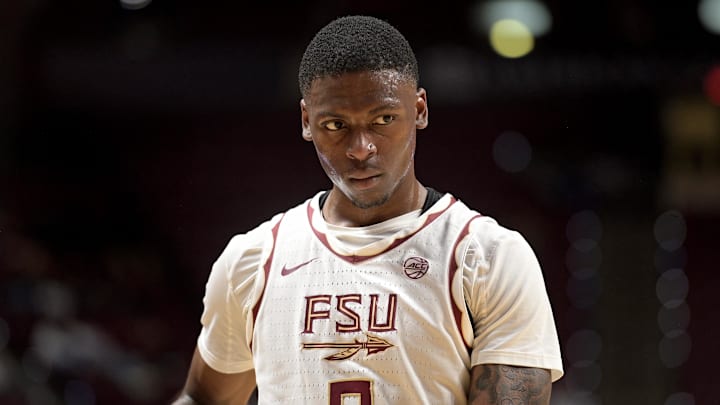 Jan 4, 2025; Tallahassee, Florida, USA; Florida State Seminoles guard Chandler Jackson (0) reacts during the first half against the Syracuse Orange at Donald L. Tucker Center. Mandatory Credit: Melina Myers-Imagn Images Jan 4, 2025; Tallahassee, Florida, USA; Florida State Seminoles guard Chandler Jackson (0) reacts during the first half against the Syracuse Orange at Donald L. Tucker Center. Mandatory Credit: Melina Myers-Imagn Images
