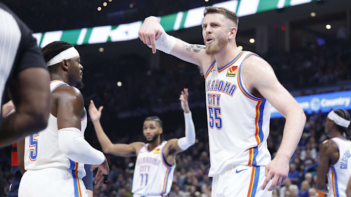 Dec 23, 2024; Oklahoma City, Oklahoma, USA; Oklahoma City Thunder center Isaiah Hartenstein (55) gestures to an official after a call on a play against the Washington Wizards during the second half at Paycom Center. Mandatory Credit: Alonzo Adams-Imagn Images