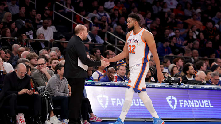 New York Knicks center Karl-Anthony Towns shakes hands with head coach Tom Thibodeau as he exits the game during the third quarter against the Oklahoma City Thunder at Madison Square Garden in New York on Jan. 10, 2025. New York Knicks center Karl-Anthony Towns shakes hands with head coach Tom Thibodeau as he exits the game during the third quarter against the Oklahoma City Thunder at Madison Square Garden in New York on Jan. 10, 2025.