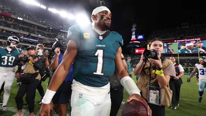 Sep 4, 2025; Philadelphia, Pennsylvania, USA; Philadelphia Eagles quarterback Jalen Hurts (1) looks on after the game against the Dallas Cowboys at Lincoln Financial Field. Mandatory Credit: Bill Streicher-Imagn Images Sep 4, 2025; Philadelphia, Pennsylvania, USA; Philadelphia Eagles quarterback Jalen Hurts (1) looks on after the game against the Dallas Cowboys at Lincoln Financial Field. Mandatory Credit: Bill Streicher-Imagn Images