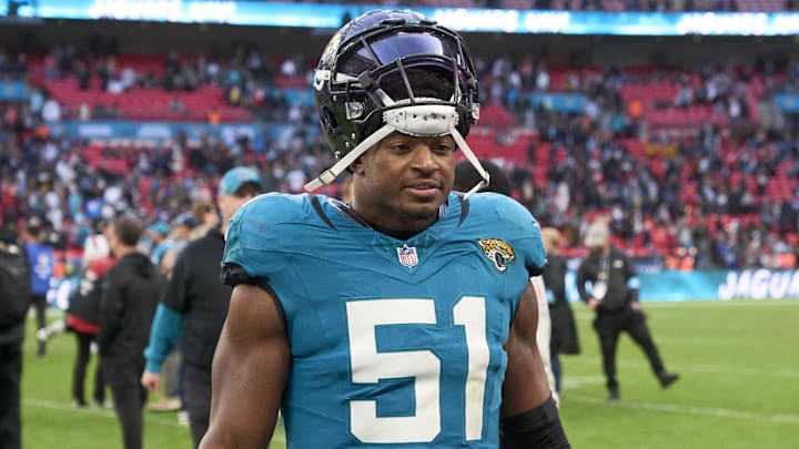 Oct 20, 2024; London, United Kingdom; Jacksonville Jaguars linebacker Ventrell Miller (51) leaves the field after the game against the New England Patriots during NFL International Series game at Wembley Stadium. Mandatory Credit: Peter van den Berg-Imagn Images