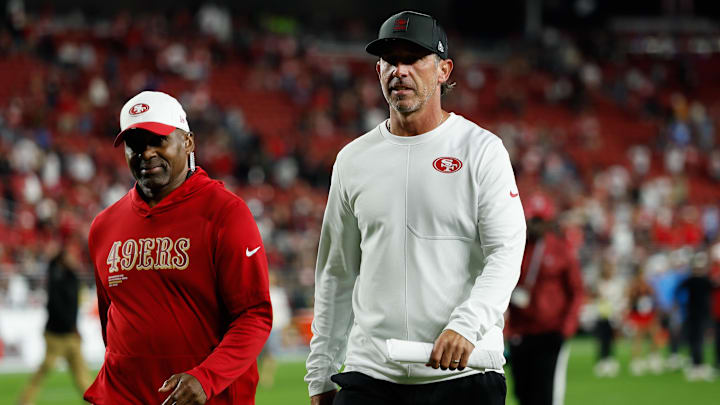 Aug 23, 2025; Santa Clara, California, USA; San Francisco 49ers head coach Kyle Shanahan walks off the field after the game against the Los Angeles Chargers at Levi's Stadium. Mandatory Credit: Sergio Estrada-Imagn Images