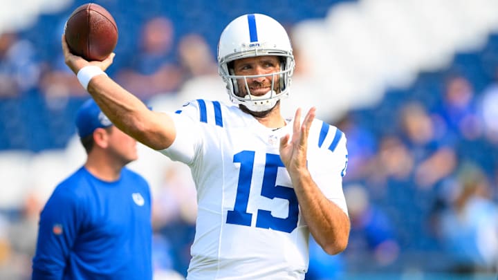 Oct 13, 2024; Nashville, Tennessee, USA;  Indianapolis Colts quarterback Joe Flacco (15) throws during pregame warmups against the Tennessee Titans at Nissan Stadium. Mandatory Credit: Steve Roberts-Imagn Images