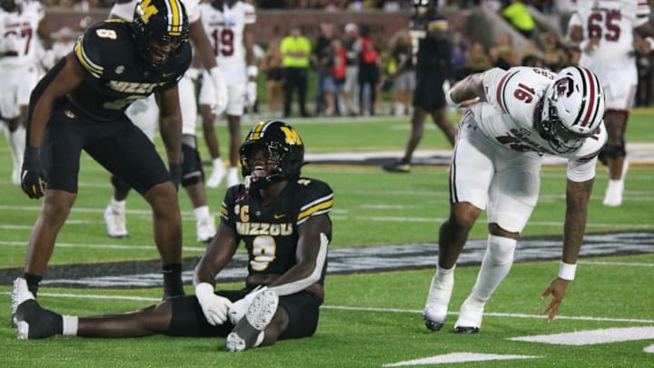 Sept 20, 2025; Columbia, Missouri, USA; Missouri Tigers defensive end Zion Young celebrates a sack of South Carolina quarterback LaNorris Sellers in the third quarter at Faurot Field. 