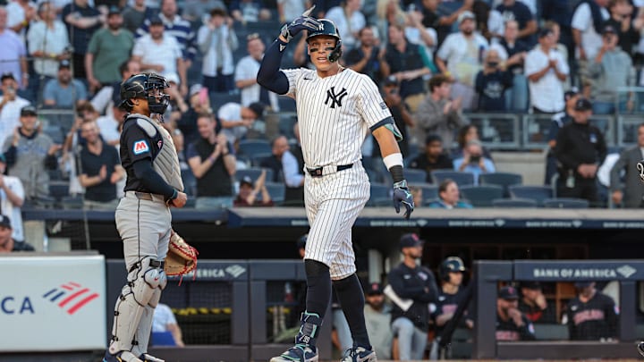 Aug 20, 2024; Bronx, New York, USA; New York Yankees center fielder Aaron Judge (99) celebrates after his solo home run during the first inning against the Cleveland Guardians at Yankee Stadium. Mandatory Credit: Vincent Carchietta-Imagn Images
