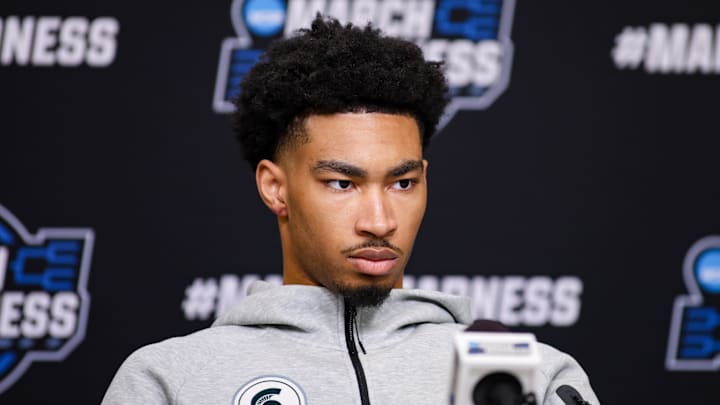 Mar 27, 2025; Atlanta, GA, USA; Michigan State Spartans guard Jaden Akins (3) addresses the media in a press conference during NCAA Tournament South Regional Practice at State Farm Arena. Mandatory Credit: Brett Davis-Imagn Images