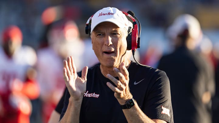 Oct 25, 2025; Tempe, Arizona, USA; Houston Cougars head coach Willie Fritz reacts against the Arizona State Sun Devils at Mountain America Stadium. Mandatory Credit: Mark J. Rebilas-Imagn Images