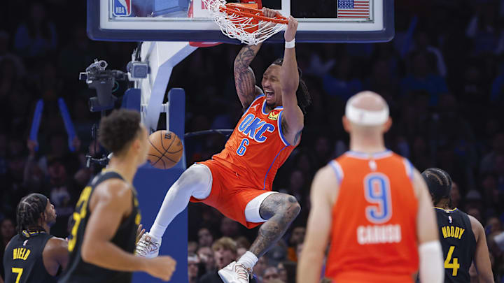 Nov 11, 2025; Oklahoma City, Oklahoma, USA; Oklahoma City Thunder forward Jaylin Williams (6) dunks against the Golden State Warriors during the second half at Paycom Center. Mandatory Credit: Alonzo Adams-Imagn Images