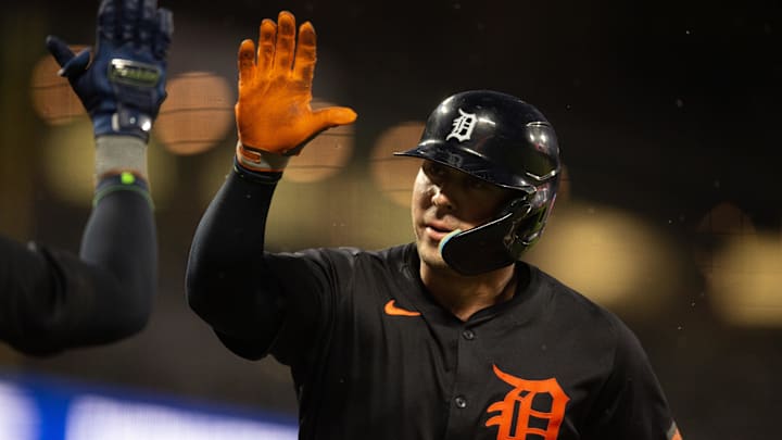 Mar 24, 2025; San Francisco, California, USA; Detroit Tigers first baseman Spencer Torkelson (20) gets a high five after hitting a solo home run against the San Francisco Giants.