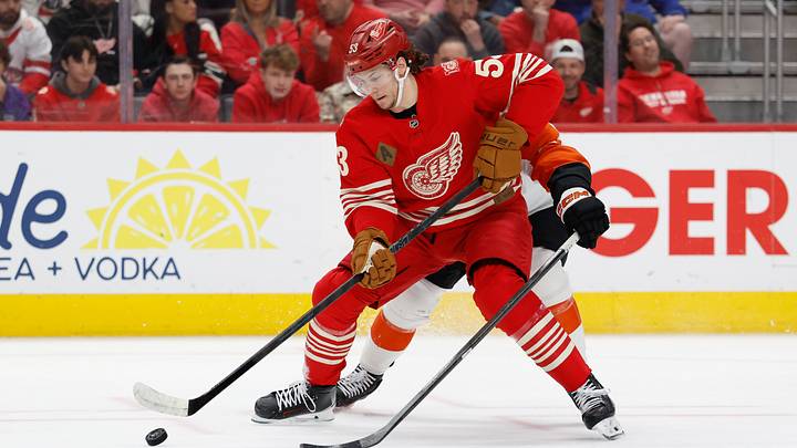 Mar 28, 2026; Detroit, Michigan, USA; Detroit Red Wings defenseman Moritz Seider (53) skates with the puck in the first period against the Philadelphia Flyers at Little Caesars Arena. Mandatory Credit: Rick Osentoski-Imagn Images Mar 28, 2026; Detroit, Michigan, USA; Detroit Red Wings defenseman Moritz Seider (53) skates with the puck in the first period against the Philadelphia Flyers at Little Caesars Arena. Mandatory Credit: Rick Osentoski-Imagn Images