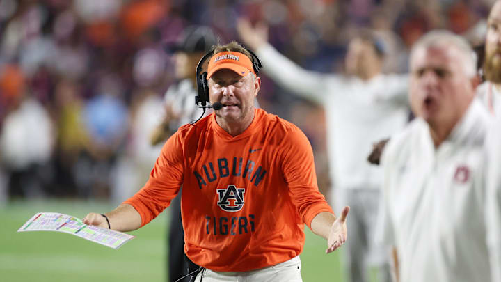 Oct 18, 2025; Auburn, Alabama, USA;  Auburn Tigers head coach Hugh Freeze reacts after a play during the fourth quarter against the Missouri Tigers at Jordan-Hare Stadium. Mandatory Credit: John Reed-Imagn Images Oct 18, 2025; Auburn, Alabama, USA;  Auburn Tigers head coach Hugh Freeze reacts after a play during the fourth quarter against the Missouri Tigers at Jordan-Hare Stadium. Mandatory Credit: John Reed-Imagn Images
