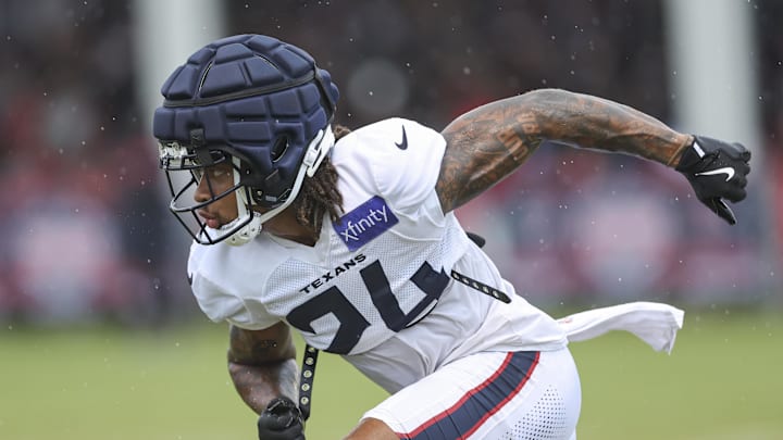 Jul 27, 2024; Houston, TX, USA; Houston Texans cornerback Derek Stingley Jr. (24) during training camp at Houston Methodist Training Center. Mandatory Credit: Troy Taormina-Imagn Images Jul 27, 2024; Houston, TX, USA; Houston Texans cornerback Derek Stingley Jr. (24) during training camp at Houston Methodist Training Center. Mandatory Credit: Troy Taormina-Imagn Images