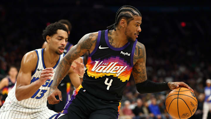 Feb 21, 2026; Phoenix, Arizona, USA; Phoenix Suns guard Jalen Green (4) against the Orlando Magic in the first half at Mortgage Matchup Center. Mandatory Credit: Mark J. Rebilas-Imagn Images Feb 21, 2026; Phoenix, Arizona, USA; Phoenix Suns guard Jalen Green (4) against the Orlando Magic in the first half at Mortgage Matchup Center. Mandatory Credit: Mark J. Rebilas-Imagn Images