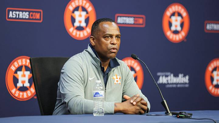 Aug 1, 2023; Houston, Texas, USA; Houston Astros general manager Dana Brown speaks with media before the game against the Cleveland Guardians at Minute Maid Park. Mandatory Credit: Troy Taormina-USA TODAY Sports