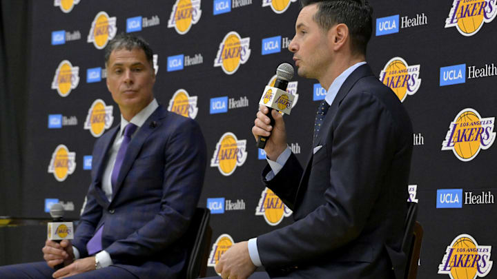 Jun 24, 2024; El Segundo, CA, USA; Los Angeles Lakers general manager Rob Pelinka looks on as head coach JJ Redick speaks to the media during an introductory news conference at the UCLA Health Training Center. Mandatory Credit: Jayne Kamin-Oncea-Imagn Images