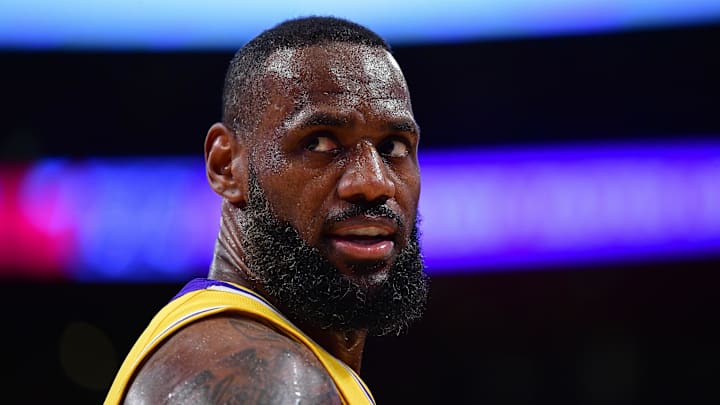 Jan 25, 2024; Los Angeles, California, USA; Los Angeles Lakers forward LeBron James (23) reacts during the second half at Crypto.com Arena. Mandatory Credit: Gary A. Vasquez-Imagn Images Jan 25, 2024; Los Angeles, California, USA; Los Angeles Lakers forward LeBron James (23) reacts during the second half at Crypto.com Arena. Mandatory Credit: Gary A. Vasquez-Imagn Images