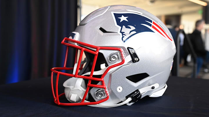 Jan 17, 2024; Foxborough, MA, USA; A New England Patriots helmet sits on a table at Gillette Stadium. Mandatory Credit: Eric Canha-Imagn Images