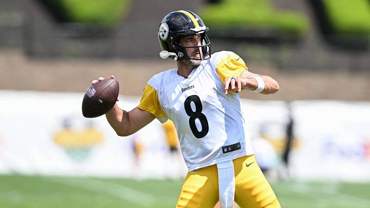 Aug 03, 2026; Latrobe, PA, USA; Pittsburgh Steelers quarterback Aaron Rodgers (8) throws a pass during a practice session at Training camp at Saint Vincent College. Mandatory Credit: Barry Reeger-Imagn Images Aug 03, 2026; Latrobe, PA, USA; Pittsburgh Steelers quarterback Aaron Rodgers (8) throws a pass during a practice session at Training camp at Saint Vincent College. Mandatory Credit: Barry Reeger-Imagn Images