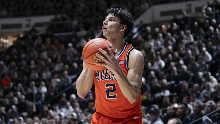 Jan 24, 2026; West Lafayette, Indiana, USA; Illinois Fighting Illini guard Andrej Stojakovic (2) looks to shoot a three pointer during the first half against Purdue on Jan 24, 2026, in West Lafayette, Indiana, at Mackey Arena.  Mandatory Credit: Jacob Musselman-Imagn Images