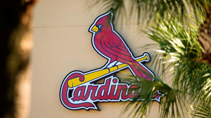 Feb 26, 2021; Jupiter, Florida, USA; A general view of the St. Louis Cardinals logo on the stadium at Roger Dean Stadium during spring training workouts. Mandatory Credit: Jasen Vinlove-Imagn Images