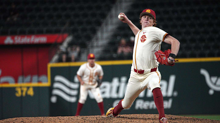 Mar 2, 2024; Arlington, TX, USA; Texas A&M Aggies compete against University of Southern California Trojans during the Kubota College Baseball Series - Weekend 3 at Globe Life Field. Mandatory Credit: Dustin Safranek-Imagn Images