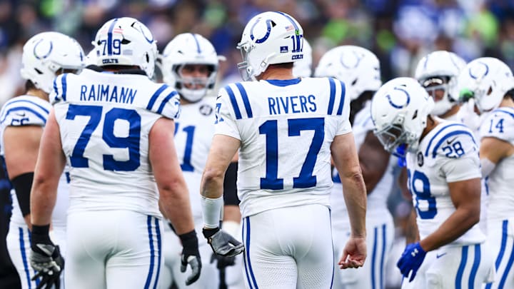 Dec 14, 2025; Seattle, Washington, USA; Indianapolis Colts quarterback Philip Rivers (17) walks to the huddle during the first quarter against the Seattle Seahawks at Lumen Field. Mandatory Credit: Kevin Ng-Imagn Images