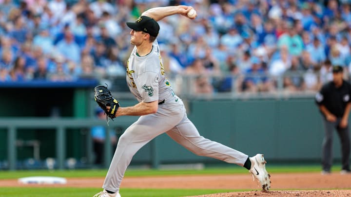 May 18, 2024; Kansas City, Missouri, USA; Oakland Athletics pitcher Brandon Bielak (37) pitching during the first inning against the Kansas City Royals at Kauffman Stadium. Mandatory Credit: William Purnell-Imagn Images May 18, 2024; Kansas City, Missouri, USA; Oakland Athletics pitcher Brandon Bielak (37) pitching during the first inning against the Kansas City Royals at Kauffman Stadium. Mandatory Credit: William Purnell-Imagn Images