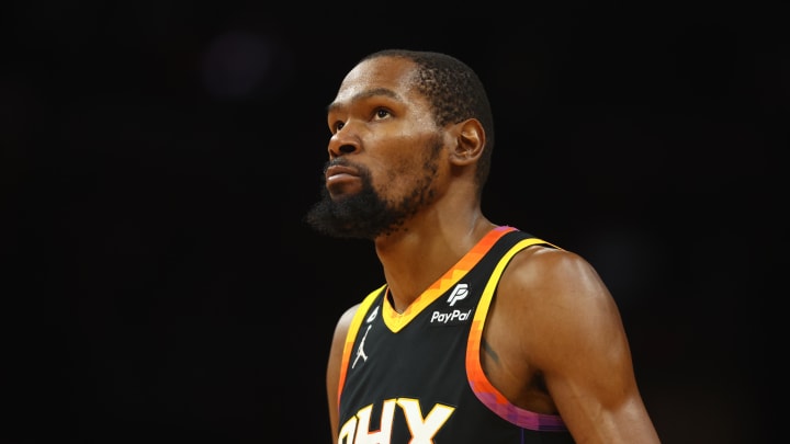 May 7, 2023; Phoenix, Arizona, USA; Phoenix Suns forward Kevin Durant (35) against the Denver Nuggets during game four of the 2023 NBA playoffs at Footprint Center. Mandatory Credit: Mark J. Rebilas-USA TODAY Sports