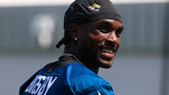 Jacksonville Jaguars running back Tank Bigsby (4) smiles on the way to the locker room during the 10th organized team activity at Miller Electric Center Wednesday, June 4, 2025 in Jacksonville, Fla. [Corey Perrine/Florida Times-Union]