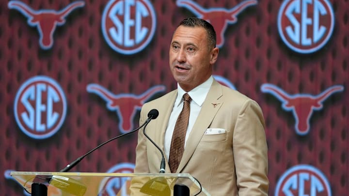 July 15, 2025; Atlanta, GA, USA; Texas head coach Steve Sarkisian speaks during SEC Media Days at the College Football Hall of Fame in Atlanta. July 15, 2025; Atlanta, GA, USA; Texas head coach Steve Sarkisian speaks during SEC Media Days at the College Football Hall of Fame in Atlanta.