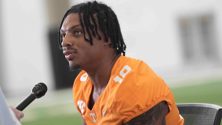 Tennessee running back DeSean Bishop (18) speaks to the media during football media day, in Knoxville, Tennessee, July 29, 2025.
