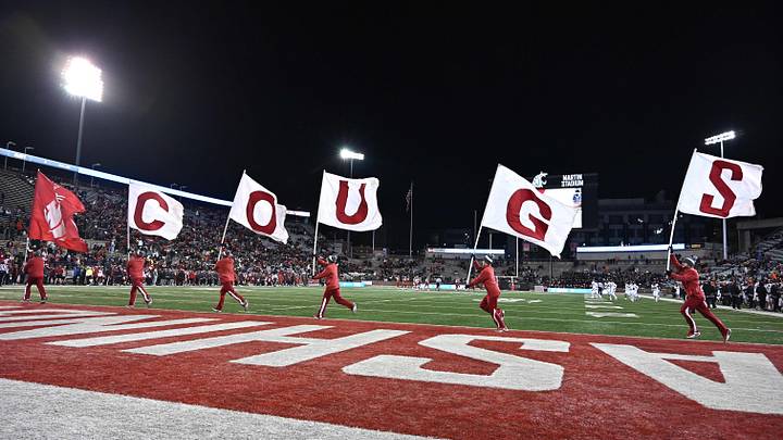 Nov 29, 2025; Pullman, Washington, USA; Washington State Cougars cheerleaders celebrate after a touchdown against the Oregon State Beavers in the second half at Gesa Field at Martin Stadium.