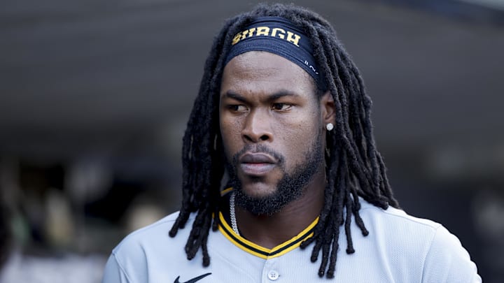 Jun 17, 2025; Detroit, Michigan, USA;  Pittsburgh Pirates outfielder Oneil Cruz (15) in the dugout before the game against the Detroit Tigers at Comerica Park. Mandatory Credit: Rick Osentoski-Imagn Images