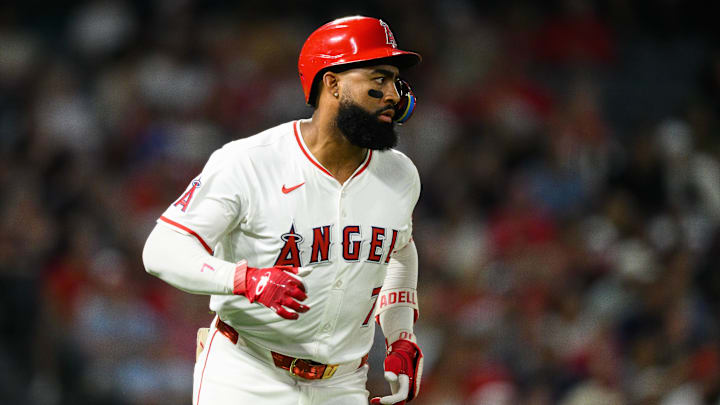 Los Angeles Angels right fielder Jo Adell (7) runs after hitting a single during the sixth inning against the Kansas City Royals at Angel Stadium. 