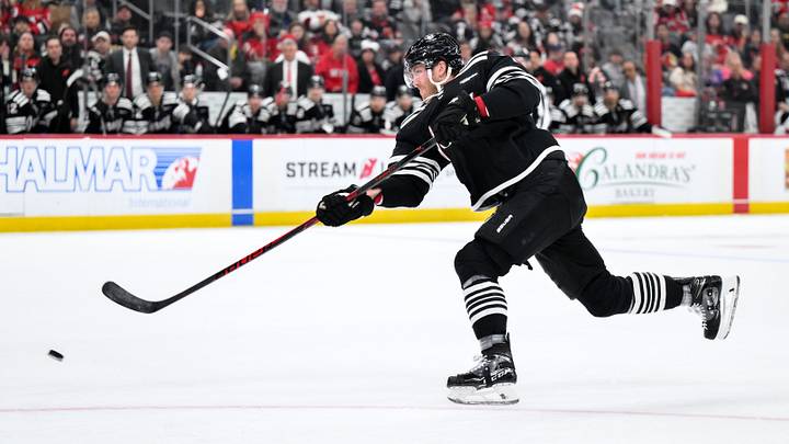 Apr 12, 2026; Newark, New Jersey, USA; New Jersey Devils defenseman Dougie Hamilton (7) shoots against the Ottawa Senators during the third period at Prudential Center. Mandatory Credit: John Jones-Imagn Images Apr 12, 2026; Newark, New Jersey, USA; New Jersey Devils defenseman Dougie Hamilton (7) shoots against the Ottawa Senators during the third period at Prudential Center. Mandatory Credit: John Jones-Imagn Images