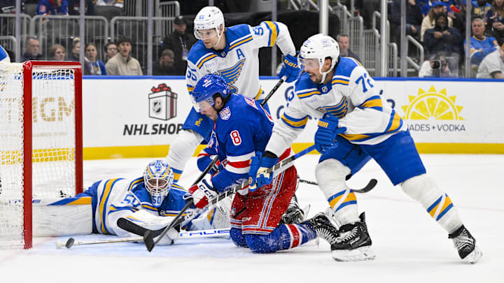 Dec 18, 2025; St. Louis, Missouri, USA; St. Louis Blues goaltender Jordan Binnington (50) defenseman Colton Parayko (55) and defenseman Justin Faulk (72) defends the net against New York Rangers left wing J.T. Miller (8) during the third period at Enterprise Center. Mandatory Credit: Jeff Curry-Imagn Images Dec 18, 2025; St. Louis, Missouri, USA; St. Louis Blues goaltender Jordan Binnington (50) defenseman Colton Parayko (55) and defenseman Justin Faulk (72) defends the net against New York Rangers left wing J.T. Miller (8) during the third period at Enterprise Center. Mandatory Credit: Jeff Curry-Imagn Images