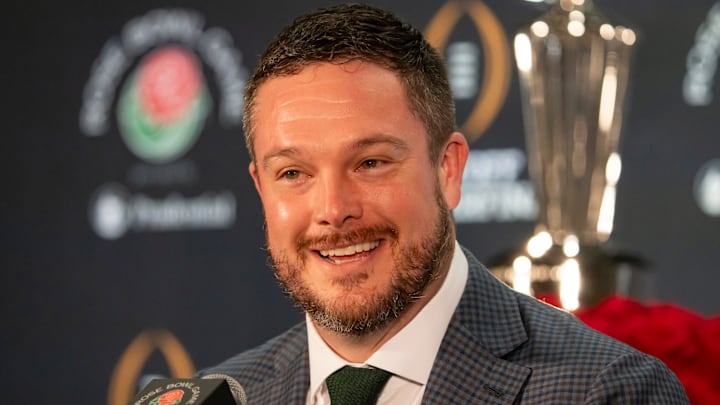 Oregon head coach Dan Lanning speaks during the coaches press conference in Los Angeles Tuesday, Dec. 31, 2024, ahead of the Rose Bowl.