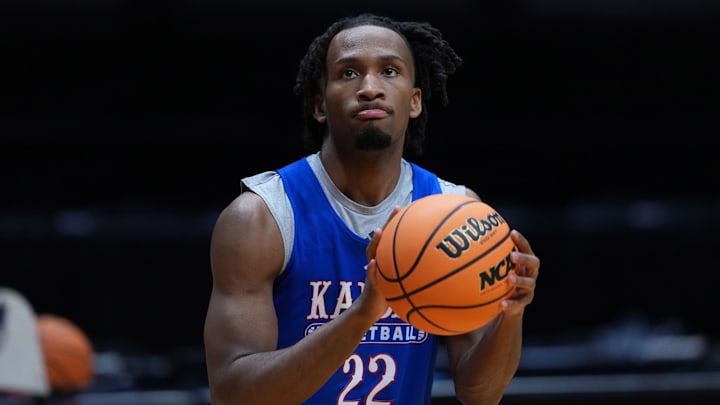 Mar 19, 2026; San Diego, CA, USA; Kansas Jayhawks guard Darryn Peterson (22) during a practice session ahead of the first round of the men's 2026 NCAA Tournament at Viejas Arena. Mandatory Credit: Kirby Lee-Imagn Images