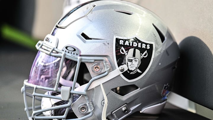 Aug 10, 2024; Minneapolis, Minnesota, USA; A Las Vegas Raiders helmet sits on the team bench before the game against the Minnesota Vikings at U.S. Bank Stadium. Mandatory Credit: Jeffrey Becker-Imagn Images Aug 10, 2024; Minneapolis, Minnesota, USA; A Las Vegas Raiders helmet sits on the team bench before the game against the Minnesota Vikings at U.S. Bank Stadium. Mandatory Credit: Jeffrey Becker-Imagn Images