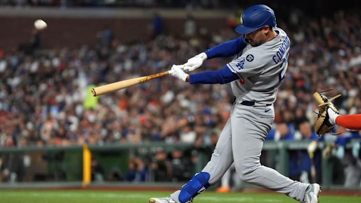 Sep 12, 2025; San Francisco, California, USA; Los Angeles Dodgers left fielder Michael Conforto (23) hits a home run against the San Francisco Giants during the seventh inning at Oracle Park. Mandatory Credit: Darren Yamashita-Imagn Images Sep 12, 2025; San Francisco, California, USA; Los Angeles Dodgers left fielder Michael Conforto (23) hits a home run against the San Francisco Giants during the seventh inning at Oracle Park. Mandatory Credit: Darren Yamashita-Imagn Images