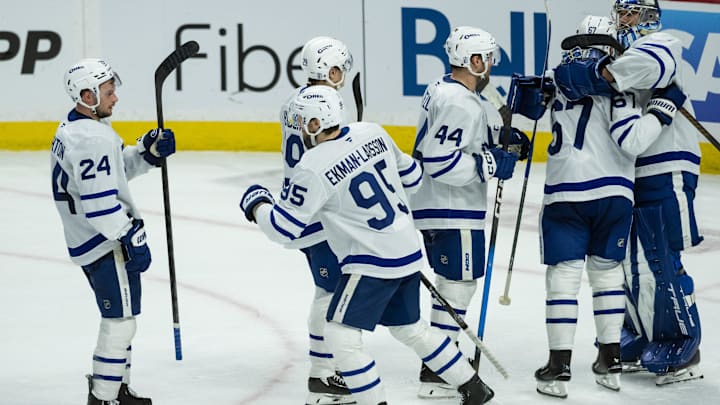 May 1, 2025; Ottawa, Ontario, CAN;The  Toronto Maple Leafs celebrate their win against Ottawa Senators in game six of the first round of the 2025 Stanley Cup Playoffs at Canadian Tire Centre. Mandatory Credit: Marc DesRosiers-Imagn Images