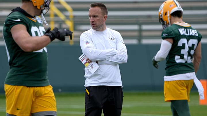 Jun 11, 2024; Green Bay, WI, USA; Green Bay Packers defensive coordinator Jeff Hafley looks on during minicamp. Mandatory Credit: Mark Hoffman-Imagn Images