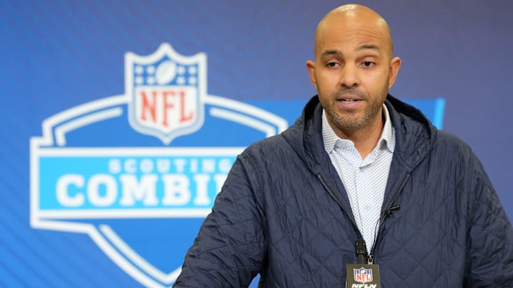 Falcons GM Ian Cunningham speaks at the combine, when the top personnel executives traditionally speak.