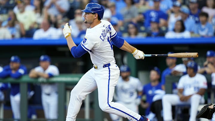 Kansas City Royals right fielder Jac Caglianone hits a home run during the second inning against the Pittsburgh Pirates at Kauffman Stadium.